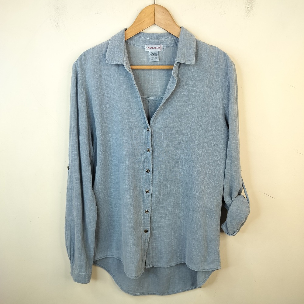 Wearables Button Down Shirt Womens Small Gauze Cotton Roll Tab Sleeve Hi Low